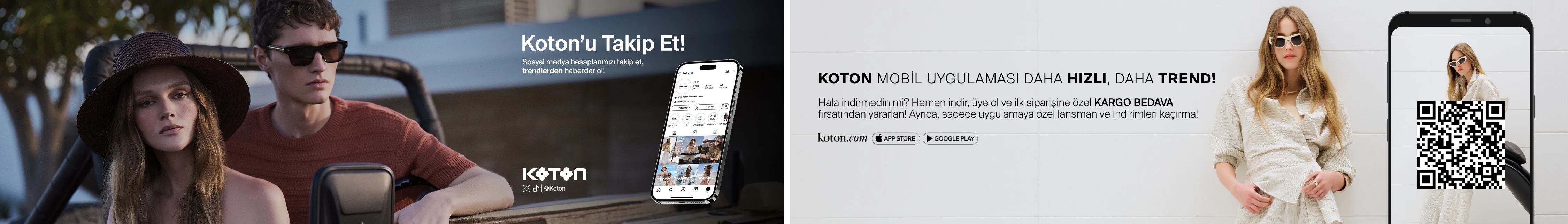 Model with hat and man with sunglasses and Koton mobile app promotion with phone mockup